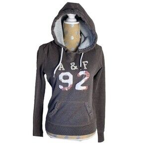 Vtg Abercrombie & Fitch Y2K Hoodie Distressed Embroidered Logo Brown Runs XS